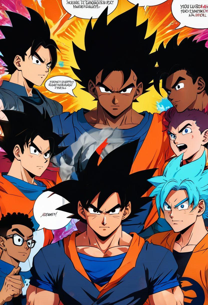 A vibrant scene featuring a diverse group of fans passionately discussing fan theories about Black Goku, surrounded by comic book-style drawings representing various theories. Include speech bubbles with animated expressions and illustrations of Goku in different forms. The background shows a mix of anime-inspired elements and colorful abstract shapes. super-realistic. vibrant colors. dynamic composition.