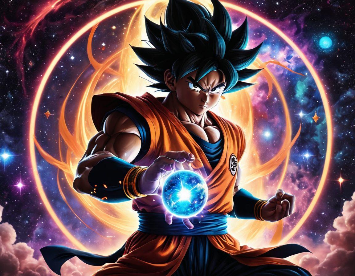 A dynamic illustration of Black Goku in a cosmic setting, surrounded by swirling galaxies and stars, showcasing his powerful transformation. Include elements like a vibrant aura, lightning effects, and iconic Dragon Ball references in the background. Emphasize the contrast between the dark space and the vivid colors of Goku's energy. Add stylized elements such as floating energy orbs and silhouettes of famous characters. super-realistic. vibrant colors. cosmic background.