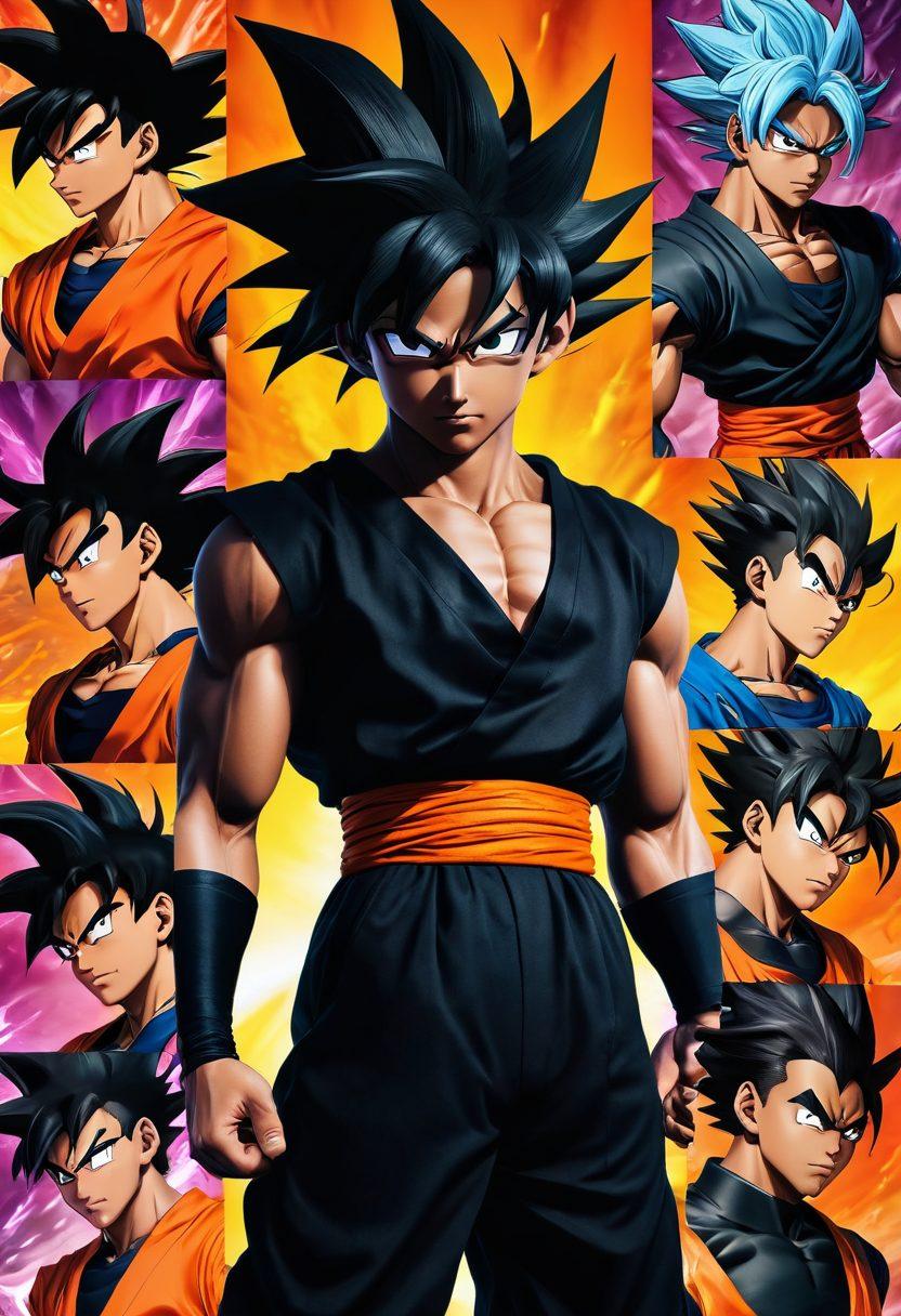 A dynamic collage showcasing Black Goku in various manga panels, seamlessly blending into vivid cosplay scenes. Include fans dressed as Black Goku, showcasing intricate costumes, with energetic poses and bright backgrounds that reflect the anime culture. Incorporate elements like goku's iconic energy aura and vibrant colors to emphasize the character's impact on anime. vibrant colors. super-realistic. comic book style.